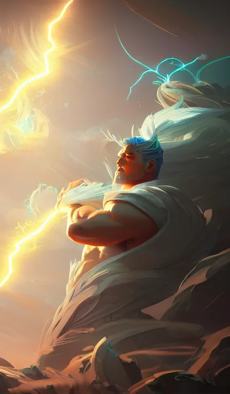 Image similar to the god zeus, lightning, action, epic, medium shot, sharp focus, digital art, concept art, dynamic lighting, character design by anna dittman, and rossdraws, environment design by jessica rossier