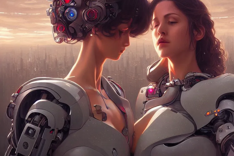 Image similar to Ultra realistic illustration, two women kissing a robot, cyberpunk, sci-fi, fantasy, intricate, elegant, highly detailed, digital painting, artstation, concept art, smooth, sharp focus, illustration, art by artgerm and greg rutkowski and alphonse mucha