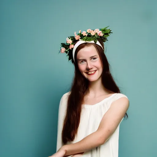 Image similar to a photograph of beautiful nordic woman, wistful smile, wearing a white folkdrakt dress, she has a summer flower headband. against a teal studio backdrop. strong kodak portra 4 0 0 film look. film grain. cinematic. in - focus