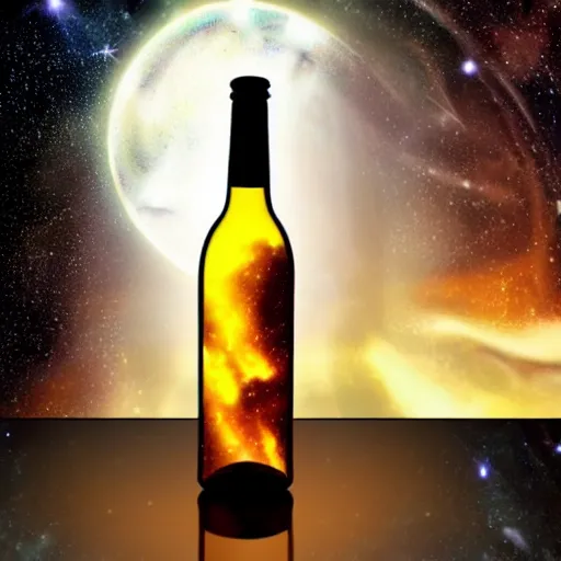 Image similar to a bottle is sitting on the table, it has a galaxy inside