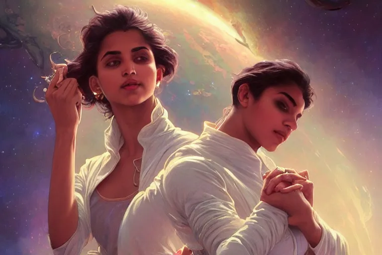 Image similar to Sensual good looking pale young Indian doctors wearing jeans in a space station above Earth, portrait, elegant, intricate, digital painting, artstation, concept art, smooth, sharp focus, illustration, art by artgerm and greg rutkowski and alphonse mucha