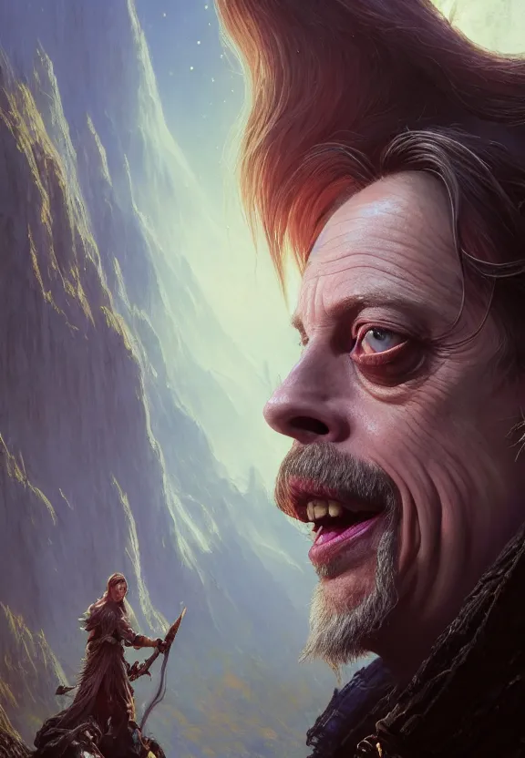 Image similar to highly detailed close up portrait of steve buscemi as a fantasy cleric surrounded by magic, in skyrim, stephen bliss, unreal engine, fantasy art by greg rutkowski, loish, rhads, ferdinand knab, makoto shinkai and lois van baarle, ilya kuvshinov, rossdraws, tom bagshaw, global illumination, radiant light, detailed and intricate environment