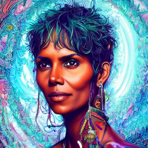 Image similar to portrait of halle berry, hyper detailed masterpiece, neon floral pattern, jean giraud, digital art painting, darkwave goth aesthetic, psychedelic, artgerm, donato giancola and tom bagshaw