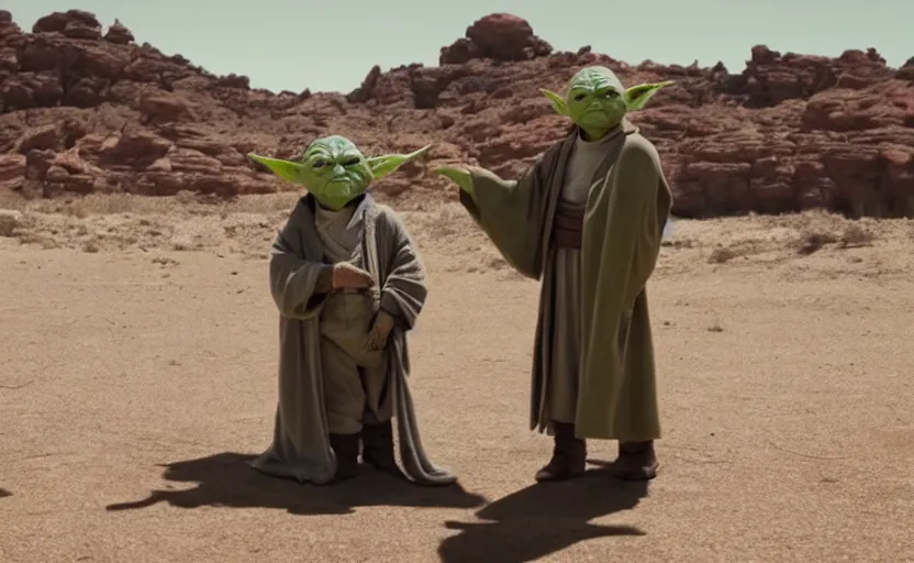 Image similar to still of Yoda in Better Call Saul (2014), cinematic, very symmetrical, shot by Wes Anderson, realistic