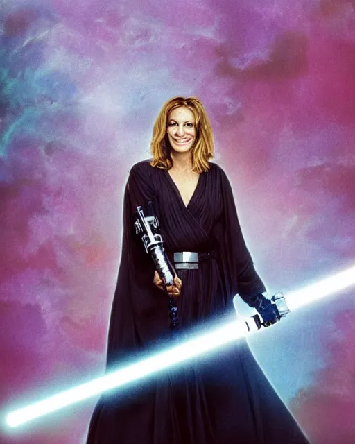 Image similar to julia roberts, dressed as jedi knight with a lightsaber, colorful, realistic, high resolution