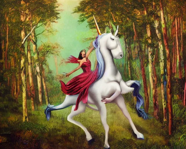 Image similar to woman riding a unicorn in enchanted forest, tiktok painting by annie liebovitz