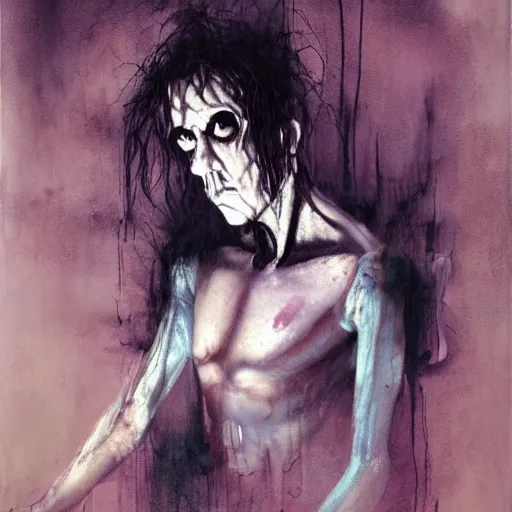 Prompt: gaunt ( the cure fan ) as dream from sandman, sadness, by jeremy mann, by cedric peyravernay, by ben templesmith, by dave mckean and richard avedon, dramatic lightning, dark eye sockets, closed eyes, black t - shirt, 1 9 8 0's, punk rock, gothic, the cure, high detailed, 8 k