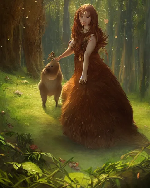 Prompt: Capybara playing Lute, wearing dress, looking majestic in forest, portrait, magic the gathering artwork, D&D, fantasy, cinematic lighting, centered, symmetrical, highly detailed, digital painting, artstation, concept art, smooth, sharp focus, illustration, volumetric lighting, epic Composition, 8k, art by Akihiko Yoshida and Greg Rutkowski and Craig Mullins, oil painting, cgsociety