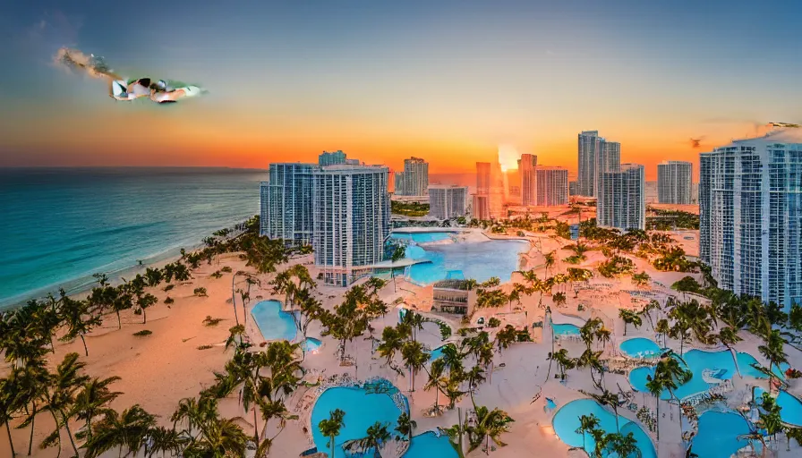 Image similar to miami hotels, unreal engine, digital art, drone photography, sunset, sharp focus, beach, vivid color, clear sky