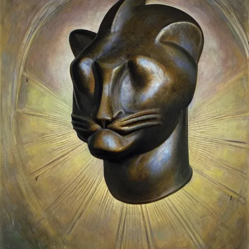 Image similar to masterpiece painting of an ancient bronze sculpture of a mechanical cat head, by annie swynnerton and diego rivera and nicholas roerich and jean delville and charlie bowater, symbolist, dramatic lighting, god rays, elaborate geometric ornament, art brut, rich colors, smooth sharp focus, extremely detailed, adolf wolfli