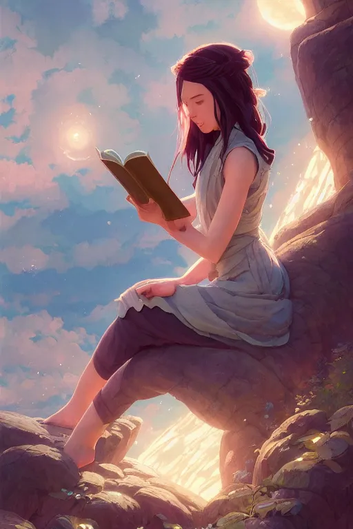 Image similar to highly detailed portrait of beautiful girl reading a book in avatar, dynamic pose, stephen bliss, unreal engine, fantasy art by greg rutkowski, loish, rhads, ferdinand knab, makoto shinkai and lois van baarle, ilya kuvshinov, rossdraws, tom bagshaw, global illumination, radiant light, detailed and intricate environment