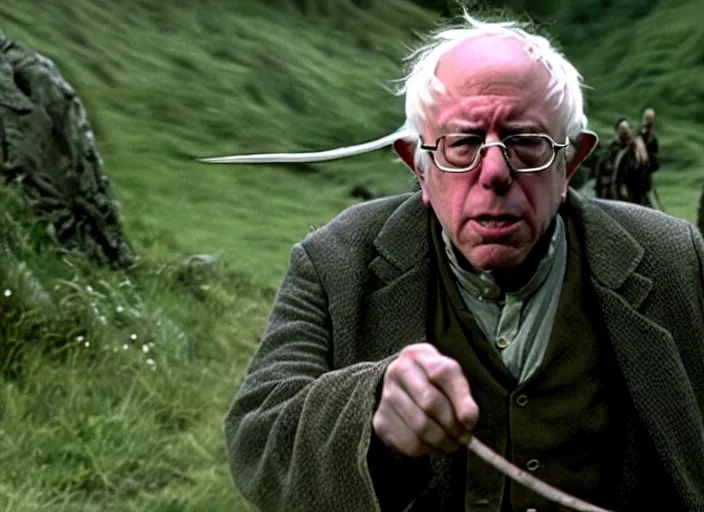 Image similar to film still of bernie sanders as frodo in lord of the rings movie, 8 k