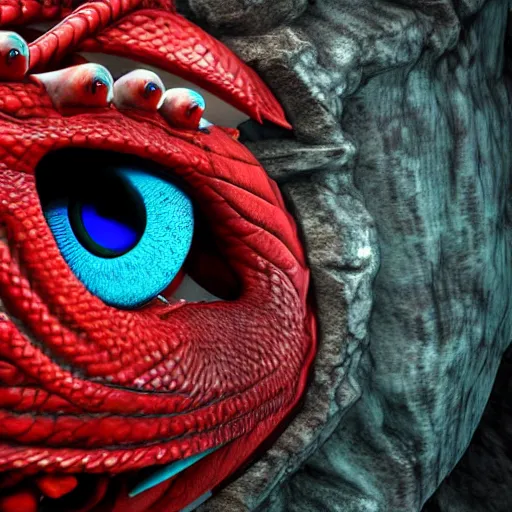 Image similar to big blue eye of ancient red dragon, close-up, high detail 3d model, Octane render, octane, 4k