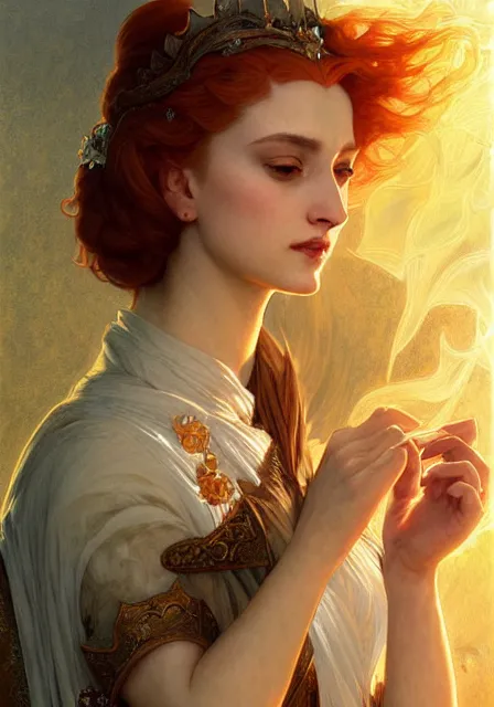 Prompt: sansa fire queen fire fire, intricate, elegant, highly detailed, digital painting, artstation, concept art, smooth, sharp focus, illustration, art by artgerm and greg rutkowski and alphonse mucha and william - adolphe bouguereau