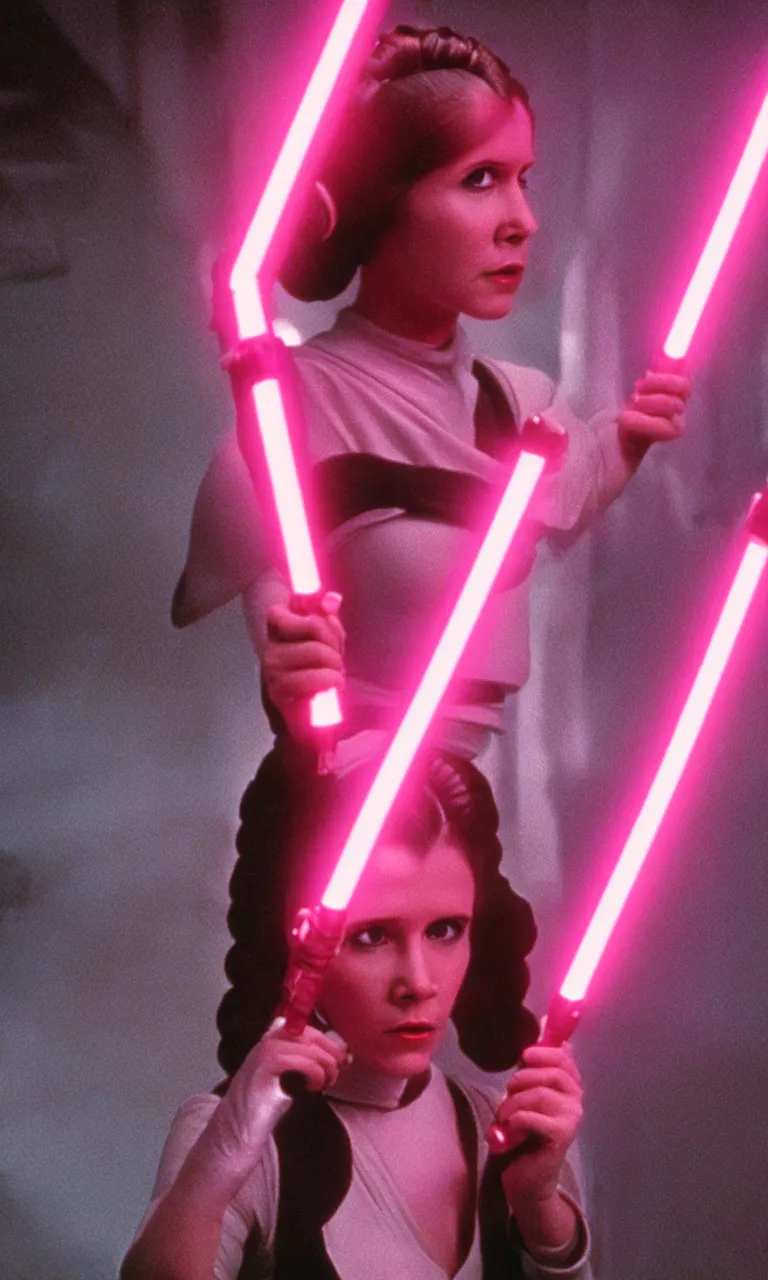 Prompt: Princess Leia wielding a fuchsia light saber, ambient lighting, 8k, 35mm film still from Star Wars