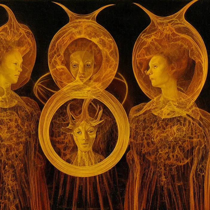 Prompt: a closeup portrait of a three - headed horned women, floating in huge levitating luminescent orb, in an eel nebula, golden hour, by jan van eyck