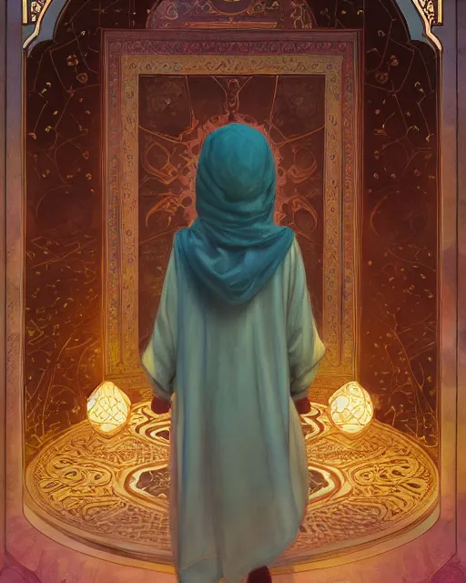 Image similar to a faceless bedouin child infront of a big open quran highly detailed, gold filigree, romantic storybook fantasy, soft cinematic lighting, award, disney concept art watercolor illustration by mandy jurgens and alphonse mucha and alena aenami, pastel color palette, featured on artstation