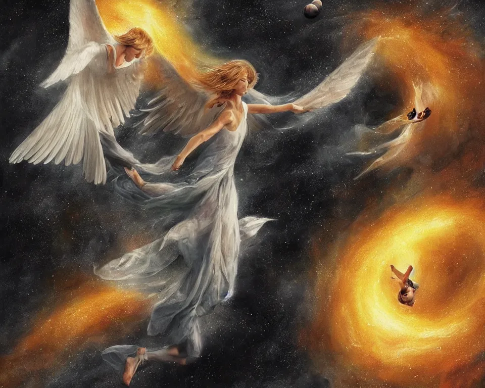 Image similar to angel falling to black hole, very high resolution images, very fine details, very realistic looking, rennaissance style painting, drawn by yulia iosilzon, and simone graci