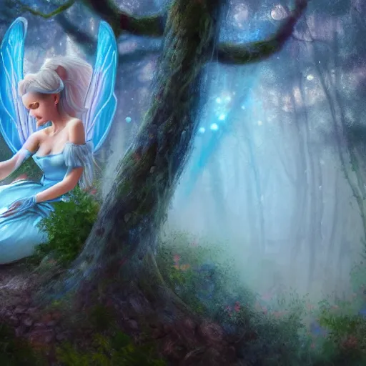 Prompt: sky blue fairy in a forest, high details, close shot, fantasy painting, cottagecore, fantasycore, light colors, artstation contest winner