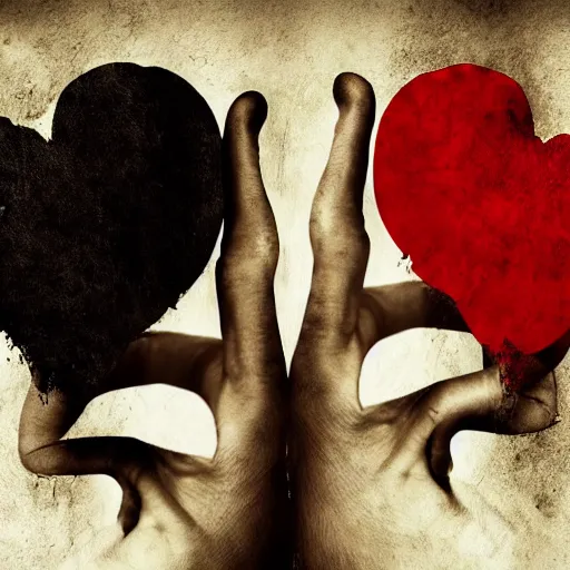 Image similar to hands ripping a heart in two broken pieces, sadness, dark ambiance, an album cover by Godfrey Blow, featured on deviantart, lyco art, artwork, photoillustration, poster art