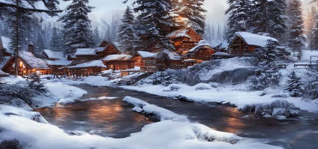 Image similar to a single cozy lodge beside a river stream in the canadian wilderness in winter, dramatic lighting, cinematic, establishing shot, extremely high detail, photo realistic, cinematic lighting, post processed, concept art, artstation, matte painting, style by eddie mendoza, raphael lacoste, alex ross