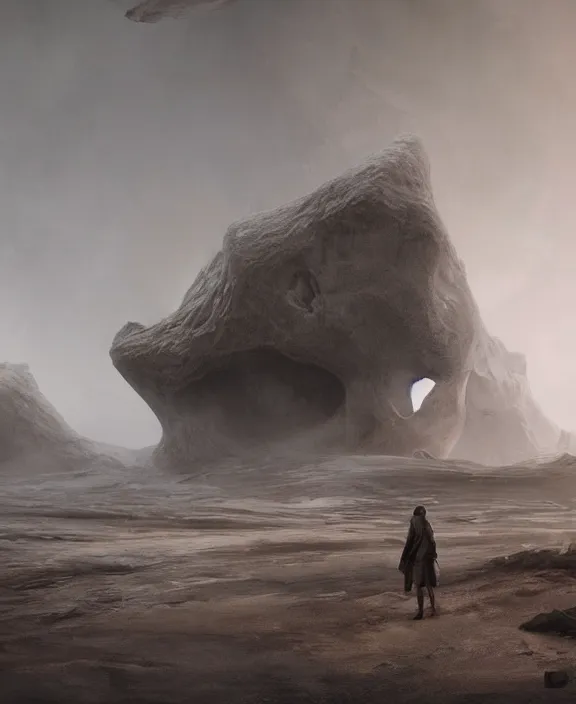 Prompt: surreal epic, masterpiece, romantic soct white exploration base, ancient ochre palette, impossible architecture by ruan jia, mecha floor, futuristic, blame, white architecture in the beach in iceland, foggy, highly detailed, digital painting, arstation, concept art, hyperealistic octane render, unreal engine