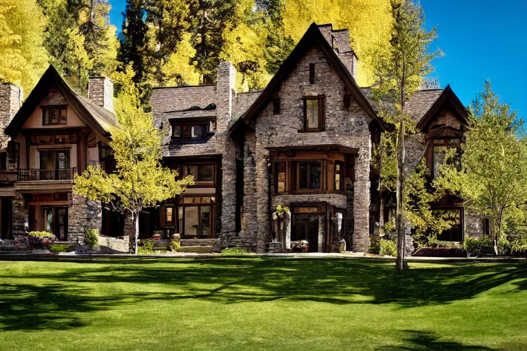 Prompt: a beautiful stone mansion in Aspen by Emmanuel Lubezki