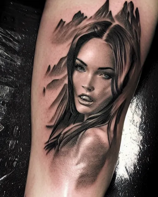 Image similar to double exposure effect tattoo design sketch of megan fox with amazing mountain scenery, realism tattoo, in the style of den yakovlev, amazing detail, sharp