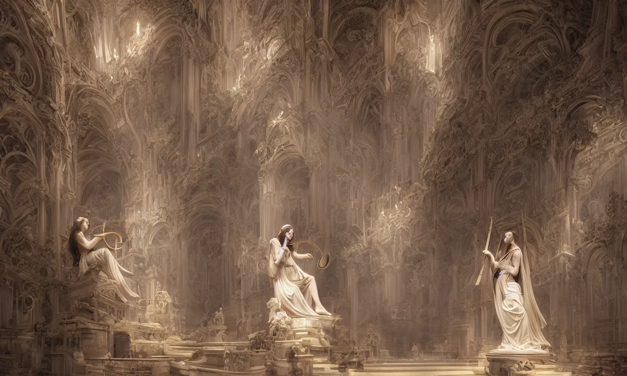 Prompt: a luminous fairytale of a beautiful realistic woman playing the harp in a baroque white marble cathedral. Neon light, masterpiece 4k digital illustration by Ruan Jia and Mandy Jurgens and Artgerm and William-Adolphe Bouguereau, award winning, Artstation, Gustave Dore' background, intricate details, realistic, panoramic view, volumetric lighting, Hyperdetailed, 8k resolution, intricate art nouveau, rendered in Unreal Engine 3