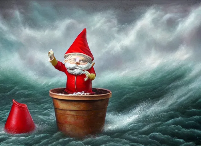 Image similar to a terrified garden gnome sailing in a bucket, background of raging ocean on a stormy with dramatic clouds, an ultrafine detailed painting by mark ryden, trending on deviantart, pop surrealism, whimsical, lowbrow, danger, perfect symmetrical face