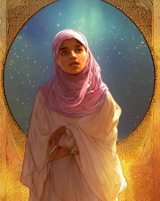 Image similar to a faceless bedouin child infront of a big open quran highly detailed, gold filigree, romantic storybook fantasy, soft cinematic lighting, award, disney concept art watercolor illustration by mandy jurgens and alphonse mucha and alena aenami, pastel color palette, featured on artstation