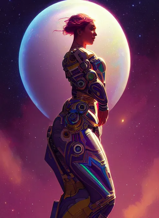 Image similar to hyper detailed ultra sharp painting of a interstellar sentinel human. trending on artstation, warpaint aesthetic, earthwave, colorful, galactic, ornate, intricate, digital painting, concept art, smooth, sharp focus, illustration, art by artgerm and greg rutkowski and alphonse mucha, 8 k