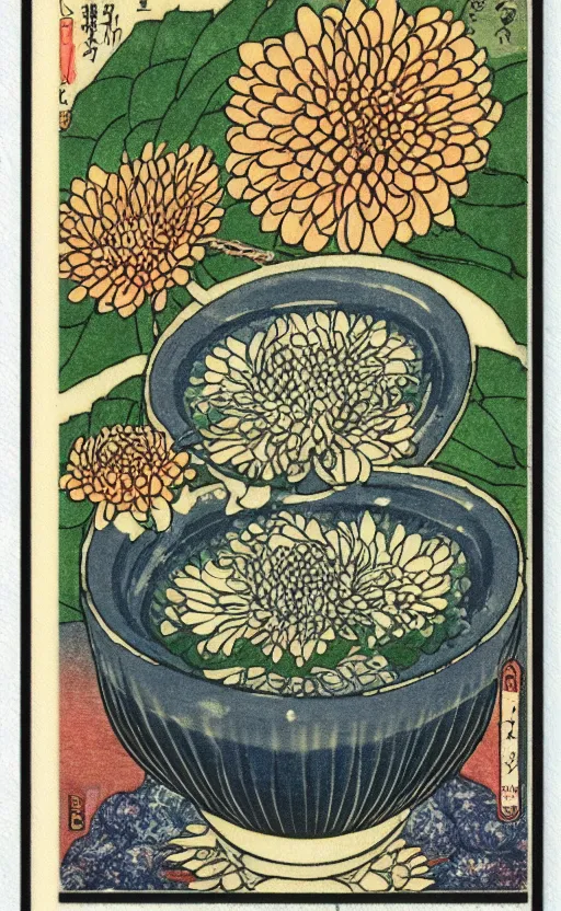 Prompt: by akio watanabe, manga art, chrysanthemum inside sake cup, trading card front