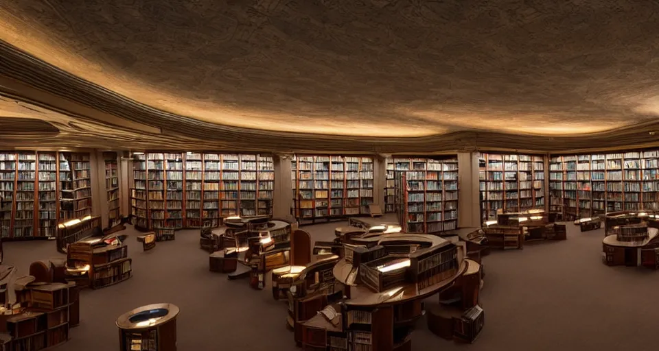 Prompt: an incredibly beautiful scene from a 2 0 2 2 marvel film featuring an art deco library in an arctic habitat. recessed lights. golden hour. 8 k uhd.