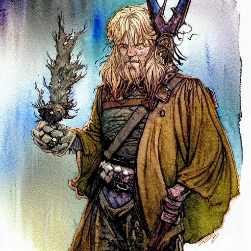 Prompt: a simple and atmospheric watercolour fantasy character concept art portrait of an android soldier with a pomeranian head as a druidic warrior wizard looking at the camera with an intelligent gaze, very muted colors, by rebecca guay, michael kaluta, charles vess and jean moebius giraud