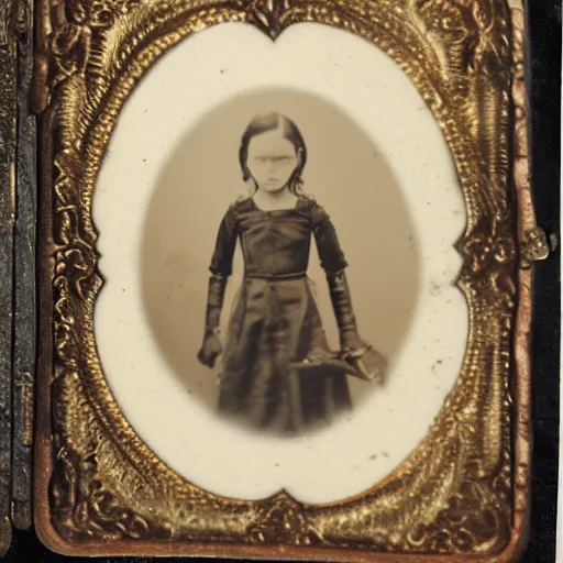 Prompt: tintype photo of a creepy girl holding a squid with a burning barn in the background