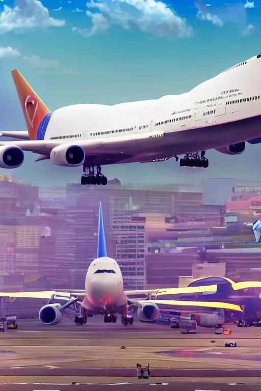 Image similar to a 7 4 7 airplane on a busy airport. pixar disney 4 k 3 d render funny animation movie oscar winning trending on artstation and behance. ratatouille style.