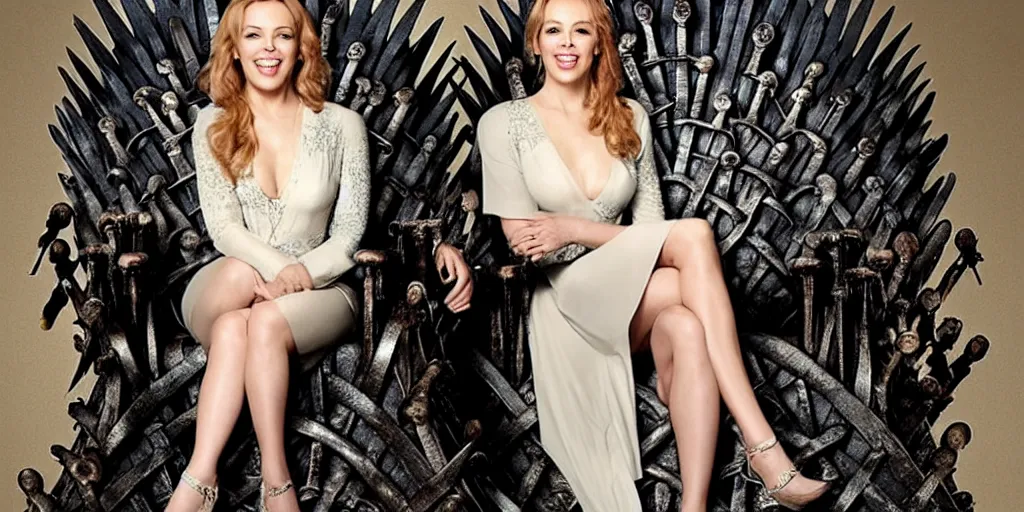 Prompt: kylie minogue sits on the iron throne in game of thrones season 5