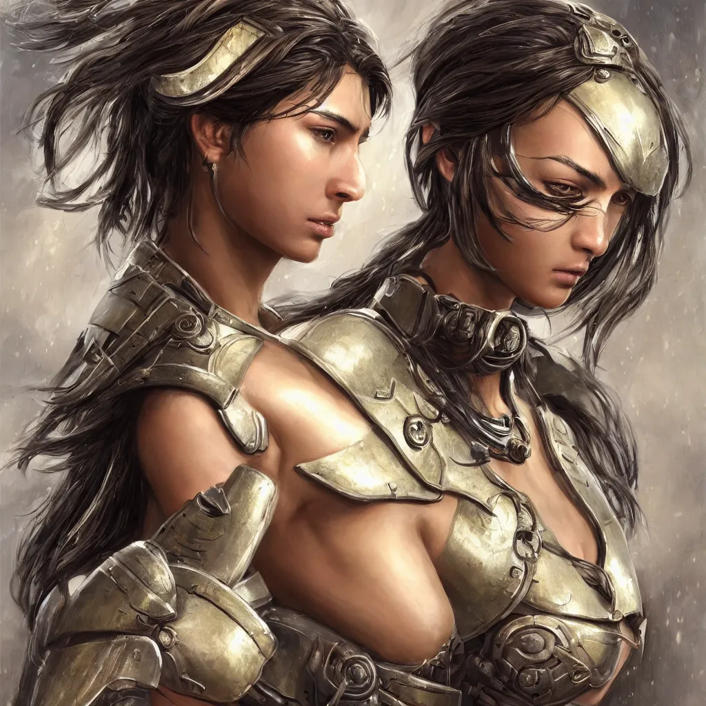 Image similar to a professionally painting of an attractive young goddess, partially wrapped in battle armor, olive skin, long dark hair, beautiful bone structure, perfectly proportioned, symmetrical facial features, intricate, elegant, heroic pose, digital painting, concept art, smooth, sharp focus, finely detailed, abstractly framed, from Metal Gear, in the mixed styles of Ruan Jia and Mandy Jurgens and Artgerm and William-Adolphe Bouguerea