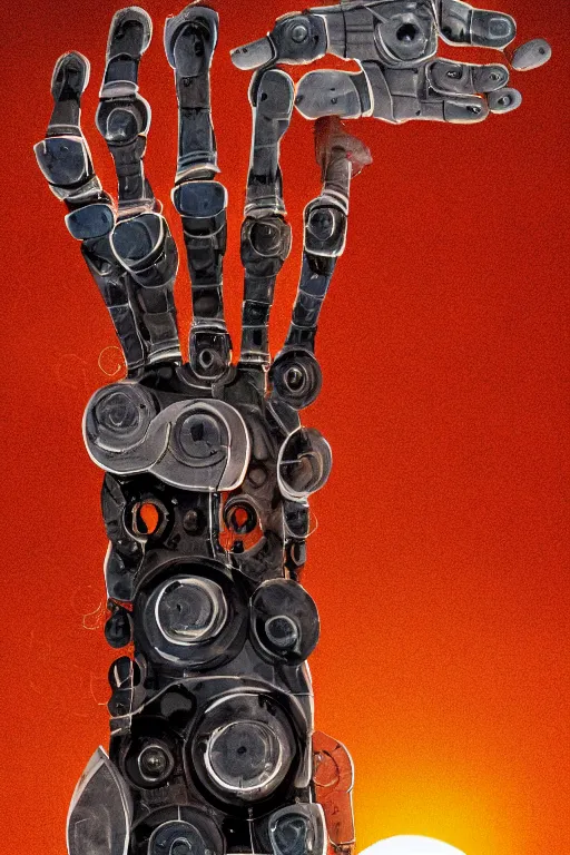 Prompt: a robotic hand reaches from off frame and is covering the sunset in a desert littered with rusty robotic bodies, book cover art, 'sea of rust'