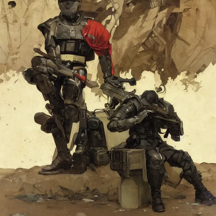 Prompt: an android soldier sits on a bench as an intense battle rages behind him, he is sad, hunched shoulders, detailed concept art by caravaggio and greg rutkowski and alphonse mucha and norman rockwell