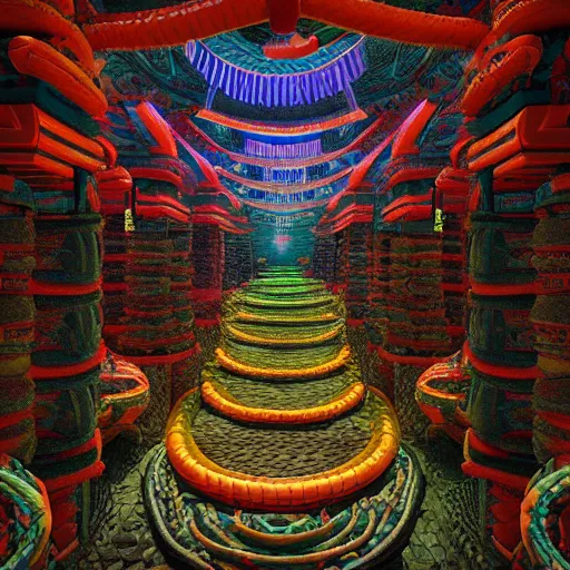 Prompt: Photorealistic inside a temple made of snakes. Hyperdetailed photorealism, 108 megapixels, amazing depth, glowing rich colors, powerful imagery, psychedelic Overtones, 4D, 3D Shading, 3D cinematic lighting, finalrender, artstation concept art