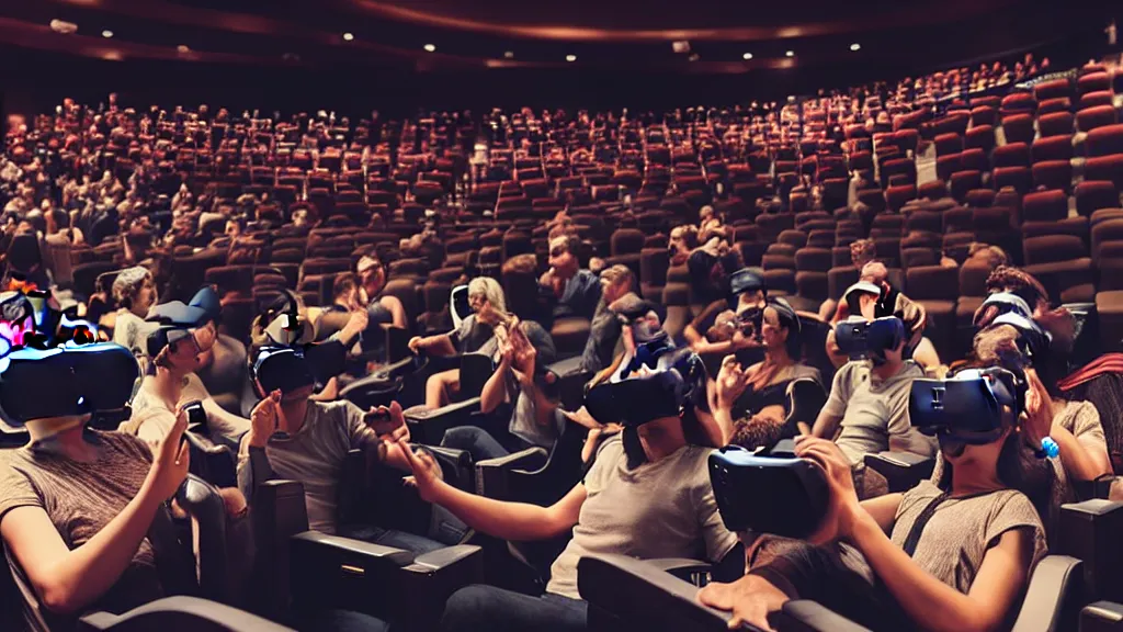 Image similar to people in a busy movie theatre, all wearing vr headsets with art direction by salvador dali, wide lens