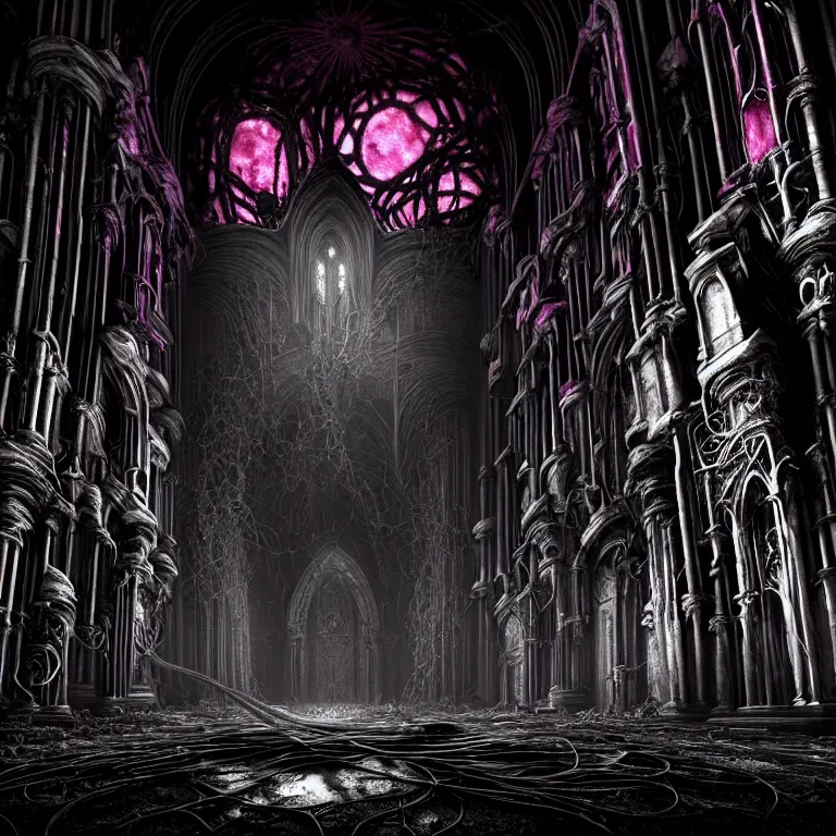 Prompt: ribbed abandoned black gothic cathedral exterior on exoplanet, covered with tentacles, roots, wires, tubes, colorful pastel neon lights, cyberpunk, baroque painting, standing in a desolate empty wasteland, creepy, nightmare, dream-like heavy atmosphere, surreal abandoned buildings, beautiful detailed intricate insanely detailed octane render trending on Artstation, 8K artistic photography, photorealistic, volumetric cinematic light, chiaroscuro, Raphael, Caravaggio, Beksinski, Giger