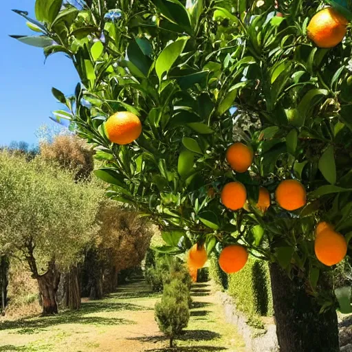 Prompt: a beautiful sunny afternoon in Northern Portugal, countryside, gardens with orange trees and lemons trees