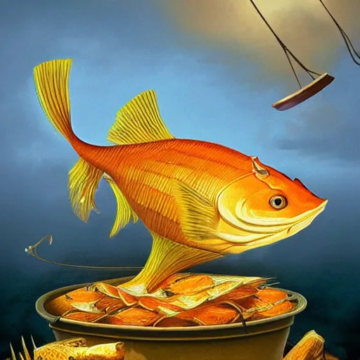 Prompt: a worried fish on the top of a pile of fish, all the fish are inside a cooking pot on the fire, side view, by vladimir kush, dystopian art, rococo