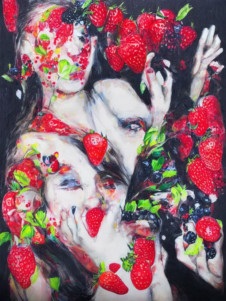 Prompt: “art in an Australian artist’s apartment, portrait of a woman wearing white cotton cloth, eating luscious fresh raspberries and strawberries and blueberries, edible flowers, black background, acrylic and spray paint and oilstick on canvas”