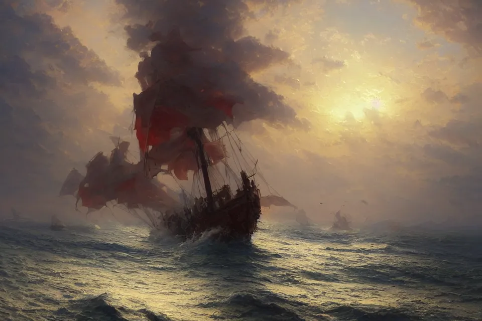 Prompt: A beautiful painting of shipyeard in middle of red sea by greg rutkowski and thomas kinkade, Trending on artstation.