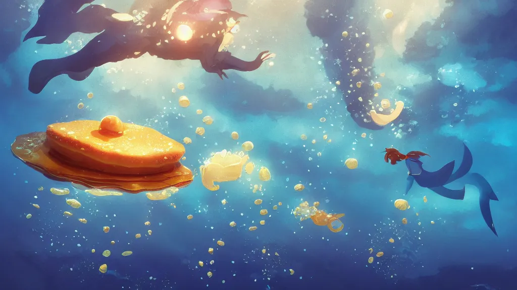 Image similar to digital underwater art of a happy flat pancake fish swimming in syrup, cute, 4 k, fish made of pancake, fantasy food world, living food adorable pancake, vivid atmospheric lighting, by makoto shinkai, studio ghibli, greg rutkowski, ross tran
