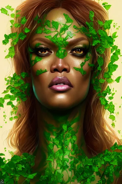 Image similar to tyra banks as poison ivy, realistic portrait, symmetrical, highly detailed, digital painting, artstation, concept art, smooth, sharp focus, illustration, cinematic lighting, art by artgerm and greg rutkowski and alphonse mucha